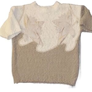 Palm Springs Yacht Club Knit Sweater Women's Size M Cream Tan‎ Leaf Applique